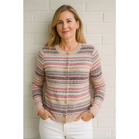 Talbots Fair Isle Cardigan Sweater M Button Up Pink Preppy Nordic Spring - Picture 1 of 9